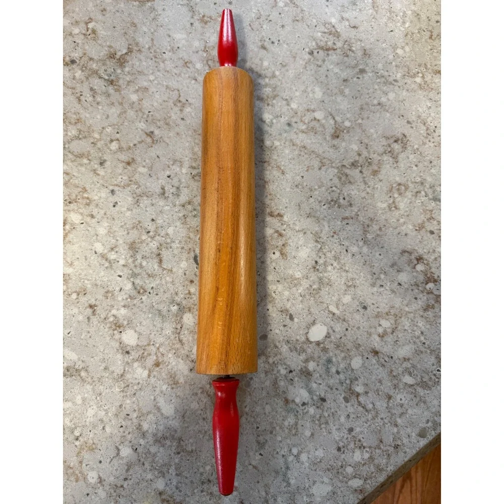 Vintage Wooden Rolling Pin with Red Painted Handles Farmhouse Kitchen Decor